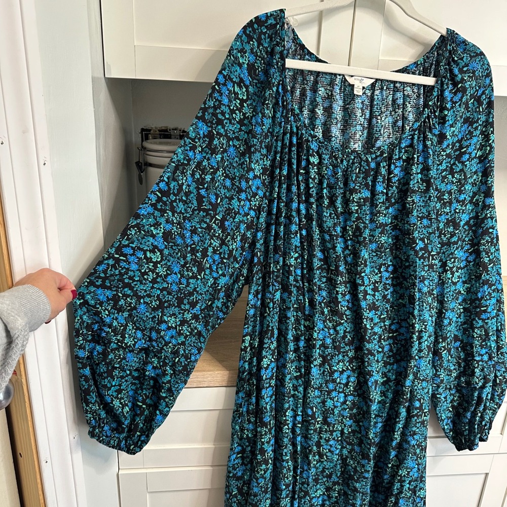 Terra & Sky Dress US 4X Blue Floral Long Sleeve Belted Scoop Neck Cottage Flowy